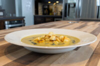 Leek Soup White bowl of Leek Soup topped with golden croutons, on a striped wooden countertop.