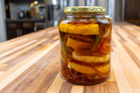 Jar of Pickled Brie Cheese Nakladany Hermelin with onion, chili strips, and herbs in oil on a wood table.