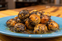 Pile of Bobalky with Poppyseeds and Honey coated in dark poppy seeds, glazed and stacked on a blue plate