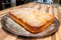 Golden Buchty – Czech Sweet Filled Buns, scored into squares and dusted with powdered sugar on a metal plate.