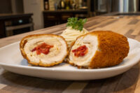 Sliced Chicken Cordon Bleu showing pale filling and red pimento center, plated with mashed potato and parsley.