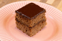 A square Gingerbread Bars slice with dark chocolate coating on a pink ridged plate.