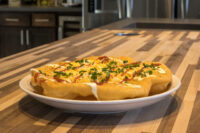 Langos topped with melted cheese, red sauce, and chopped chives, served on a white oval plate.