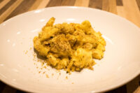 White plate of Mac & Cheese with creamy pasta and a golden breadcrumb topping.