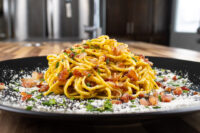 Mound of Spaghetti Carbonara with crisped bacon and herbs, dusted with cheese on a black plate