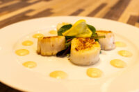 Three seared scallops on greens with a lemon wedge and dots of pale sauce, plated as Scallops with Spicy Sauce.