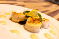 Three seared scallops with dressing dots, arugula and a lemon slice, plated as Scallops with Spicy Sauce