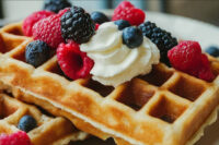 A square Belgian-style Waffle topped with whipped cream, raspberries, blueberries, and blackberries.