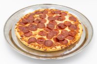 Round 60 min. Pan Pizza with pepperoni and melted cheese on a metal tray, angled view.