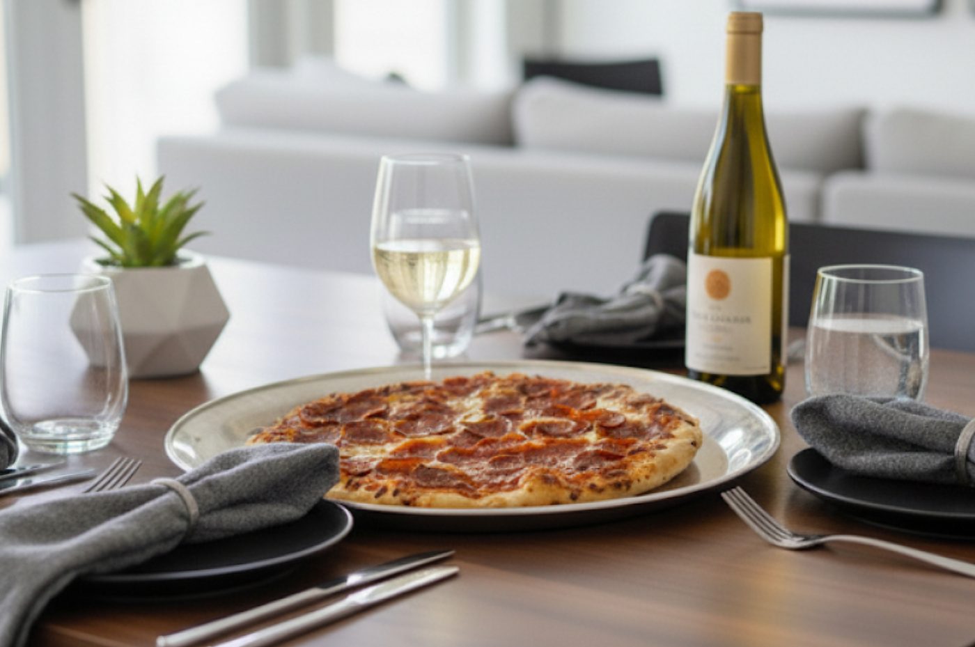 60 min. Pan Pizza with pepperoni and melted cheese served on a white platter beside wine glasses.
