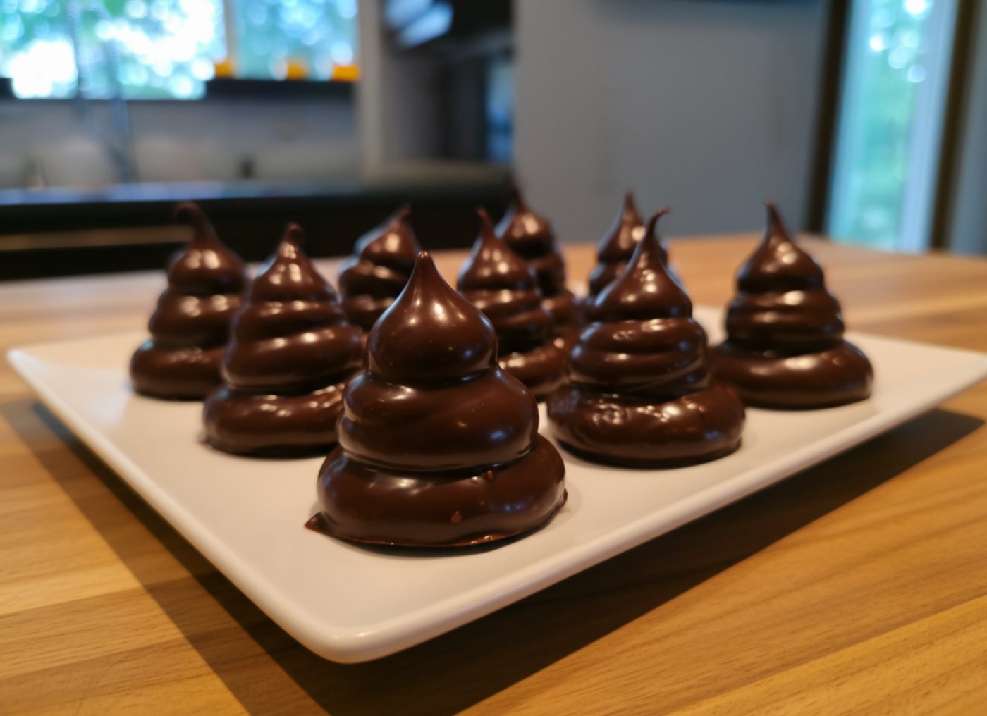 Rows of chocolate-coated Czech Meringue Puffs Indiánky with glossy peaked tops on a white plate