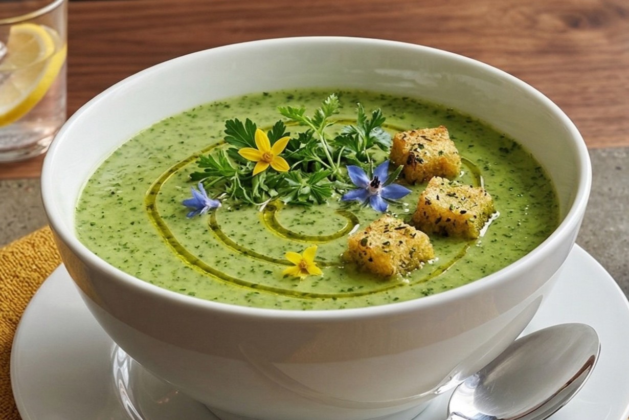 Bowl of Creamy Spinach Soup with an oil swirl, croutons, and edible flower garnish.