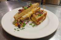 Brie Grilled Cheese halves on a white plate, melted cheese oozing out, garnished with microgreens